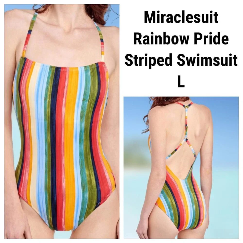 Miraclesuit Rainbow Pride Stripe Swimsuit Bathing Suit Monokini L NEW - Picture 1 of 10